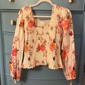 Anthropologie Floral Balloon Sleeve Blouse with Back Cutouts and Ruched Bodice